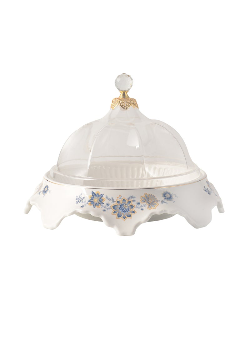 Life Smile LIFE SMILE Round Bone China Fruit Bowl With Cover  - Serving Basket with Gold Stand and Acrylic Lid with Knob For Fruit ,Snack, Nuts ,Cake & Dessert Storage - Image 1