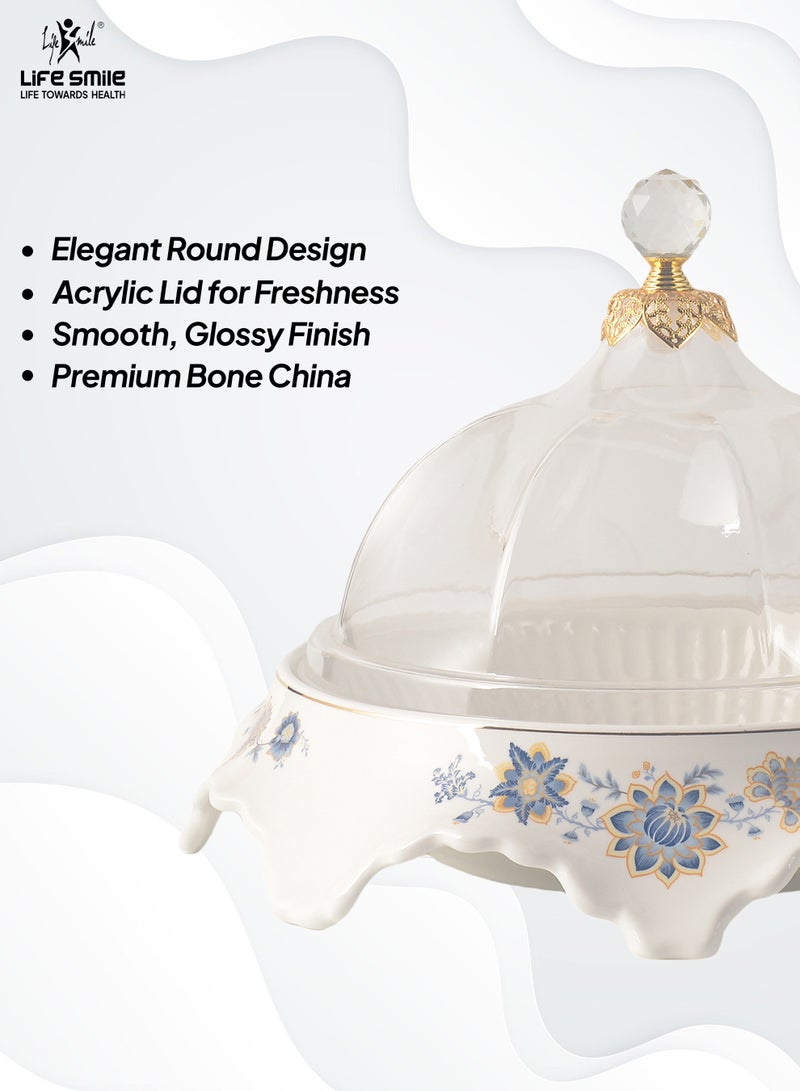 Life Smile LIFE SMILE Round Bone China Fruit Bowl With Cover  - Serving Basket with Gold Stand and Acrylic Lid with Knob For Fruit ,Snack, Nuts ,Cake & Dessert Storage - Image 4