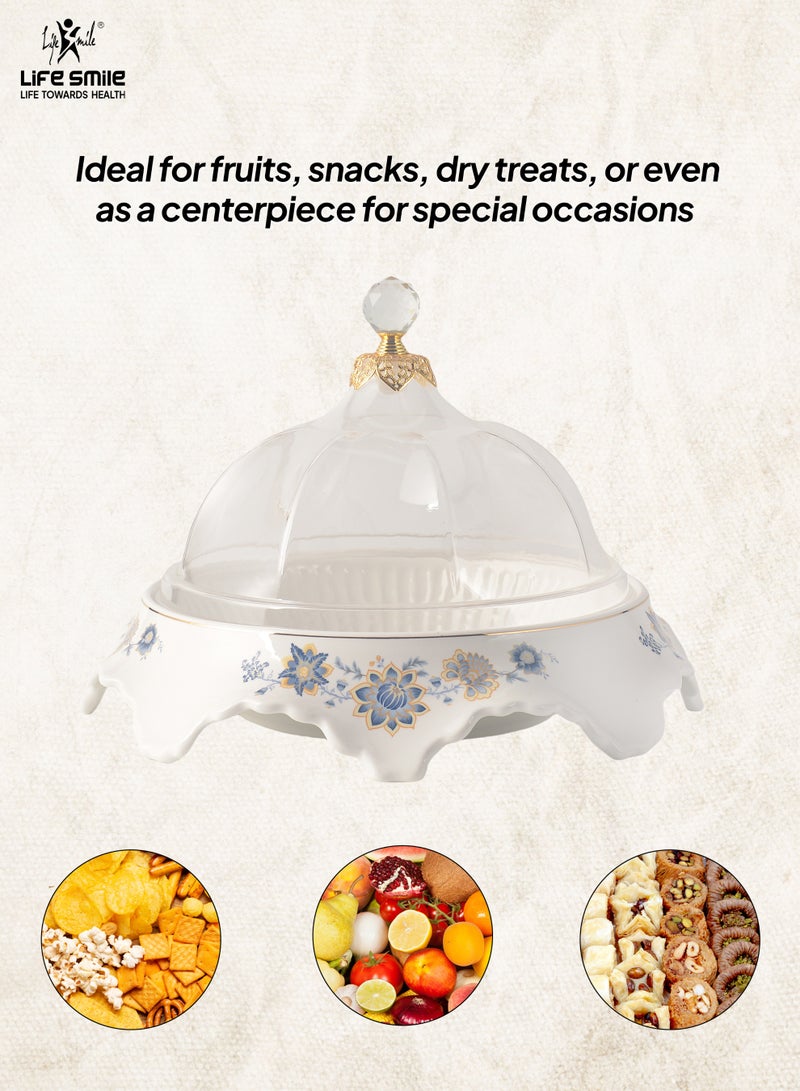 Life Smile LIFE SMILE Round Bone China Fruit Bowl With Cover  - Serving Basket with Gold Stand and Acrylic Lid with Knob For Fruit ,Snack, Nuts ,Cake & Dessert Storage - Image 3