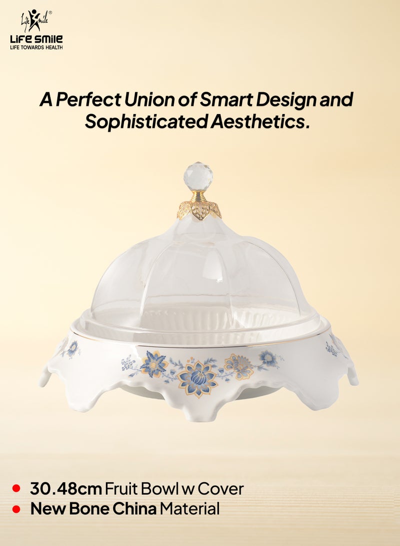Life Smile LIFE SMILE Round Bone China Fruit Bowl With Cover  - Serving Basket with Gold Stand and Acrylic Lid with Knob For Fruit ,Snack, Nuts ,Cake & Dessert Storage - Image 2