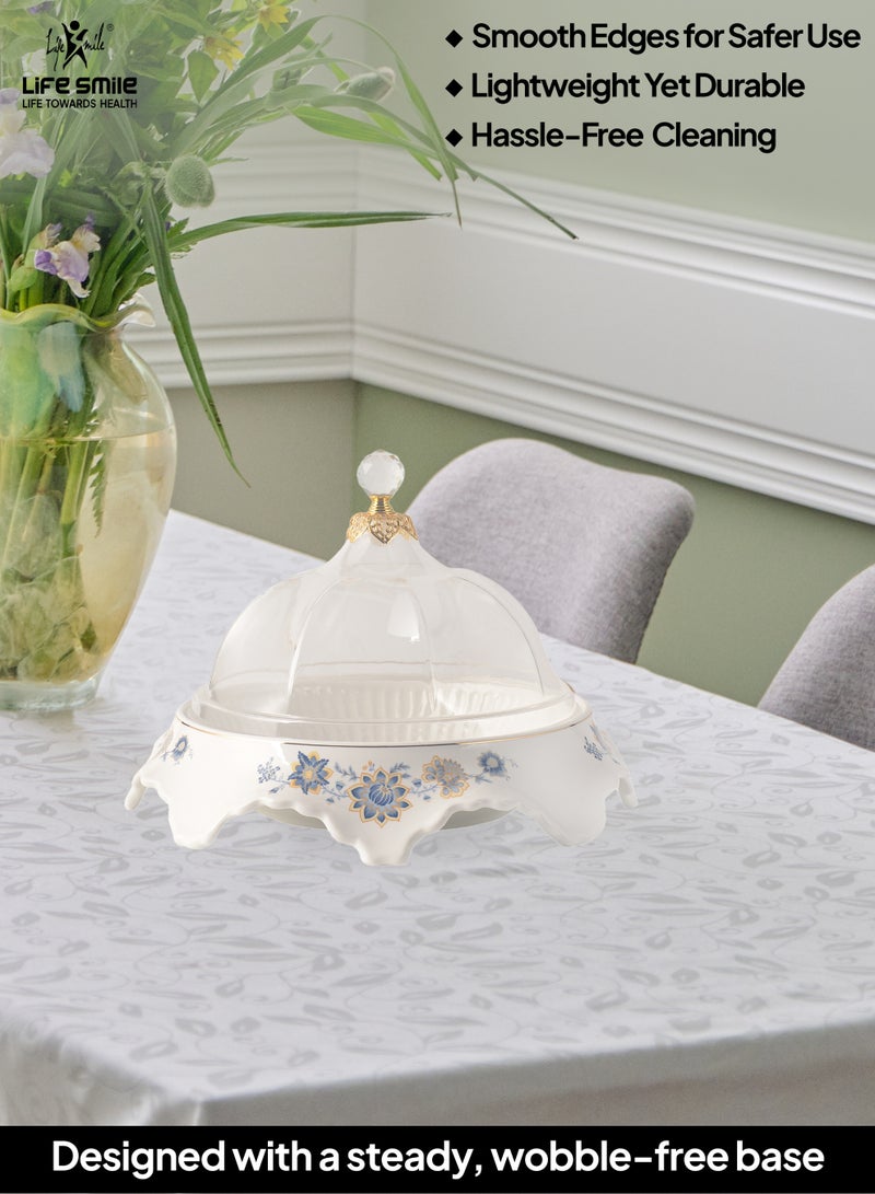 Life Smile LIFE SMILE Round Bone China Fruit Bowl With Cover  - Serving Basket with Gold Stand and Acrylic Lid with Knob For Fruit ,Snack, Nuts ,Cake & Dessert Storage - Image 5