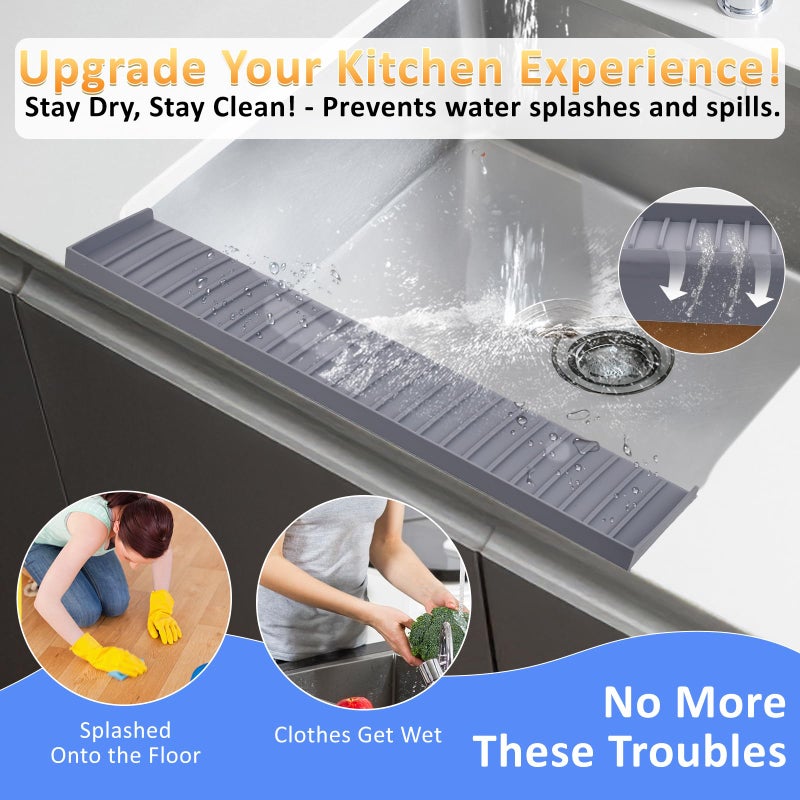 AyNirser Sink Edge Protector with Suction Cup 14" 20" 24" 30", Silicone Sink Splash Guard for Kitchen & Bathroom, Protect Countertop from Scratches, Stains, for Stainless Steel Granite Quartz-Grey - Image 3