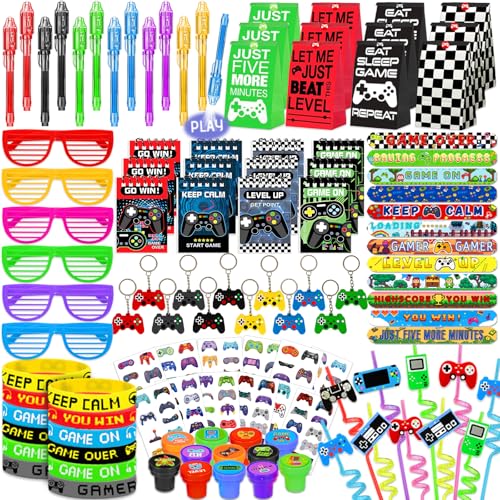 FINDRICH 120 PCS Video Game Party Favors Gamer Gaming Party Favors Glasses Invisible Ink Pens Notebooks Drinking Straws Stamps Tattoo Stickers Gift Bags for Game On Birthday Parties Favor Supplies - Image 1
