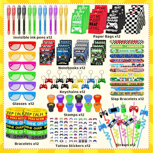 FINDRICH 120 PCS Video Game Party Favors Gamer Gaming Party Favors Glasses Invisible Ink Pens Notebooks Drinking Straws Stamps Tattoo Stickers Gift Bags for Game On Birthday Parties Favor Supplies - Image 5