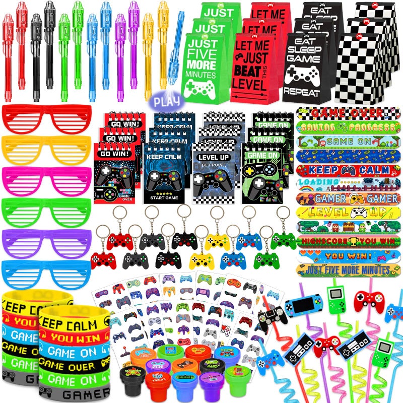 FINDRICH 120 PCS Video Game Party Favors Gamer Gaming Party Favors Glasses Invisible Ink Pens Notebooks Drinking Straws Stamps Tattoo Stickers Gift Bags for Game On Birthday Parties Favor Supplies - Image 3