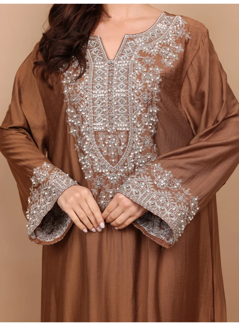 IKKXA IKKXA Regal Silver Threaded Jalabiya IK6043 Brown