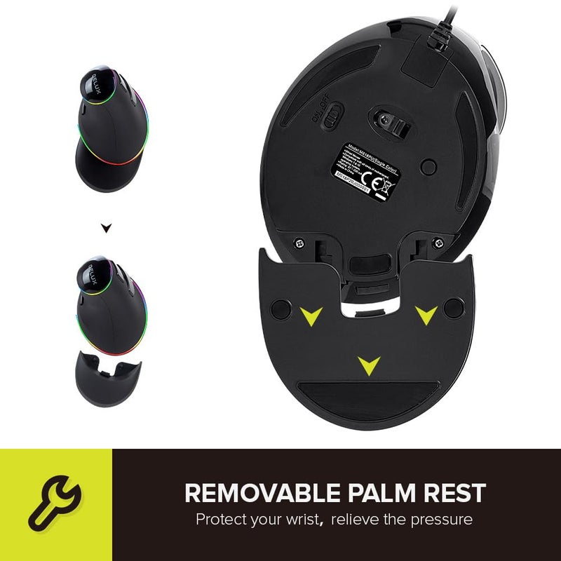 DeLUX Ergonomic Vertical Mouse, Wired RGB Ergo Mouse for Large Hands, with 6 Programmable Buttons,6 Adjustable DPI, Removable Wrist Rest,Compatible with Windows 7/8/10/XP/Vista OS (M618Plus RGB-Wired) - Image 4