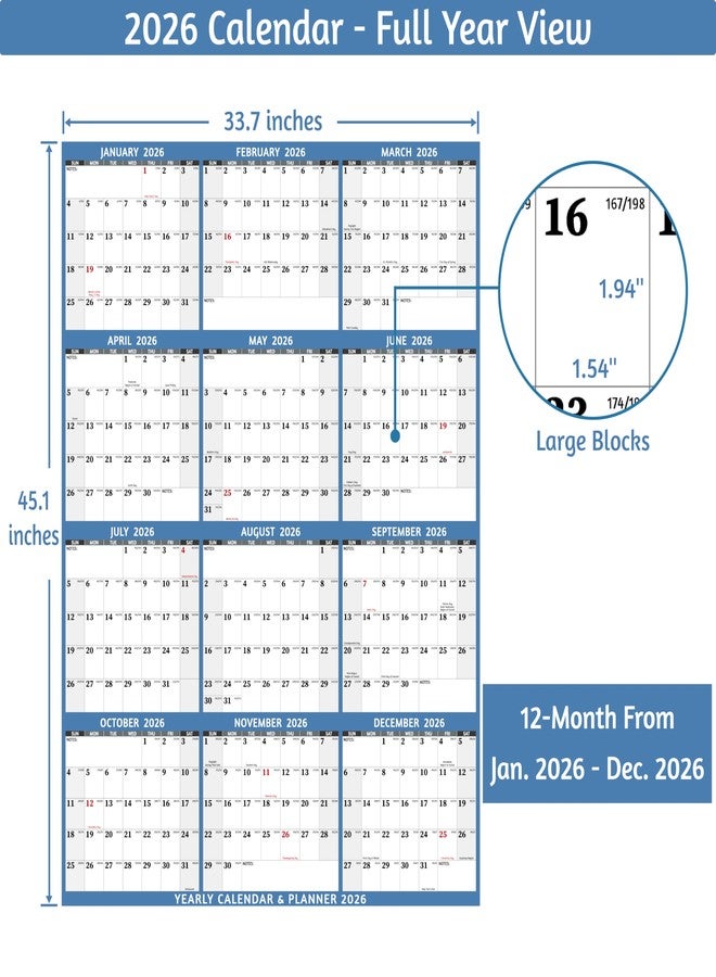 BowCuk Yearly Wall Calendar 2026 - Large Yearly Calendar 2026 Vetical, Jan 2026 - Dec 2026, 33.7" x 45.1" (Open), 2026 Calendar, Large Wall Calendar 2026, Full Year Paper Calendar with Notes, Thicker Paper - Image 4