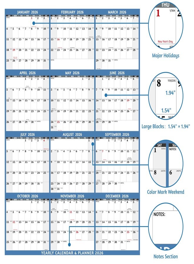 BowCuk Yearly Wall Calendar 2026 - Large Yearly Calendar 2026 Vetical, Jan 2026 - Dec 2026, 33.7" x 45.1" (Open), 2026 Calendar, Large Wall Calendar 2026, Full Year Paper Calendar with Notes, Thicker Paper - Image 3
