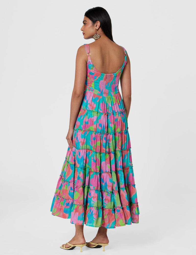 Biba Women Turquoise Cotton Floral Printed Tiered Dress_38 - Image 3