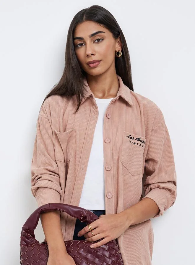 Styli Oversized Longline Corduroy Shirt with Pockets