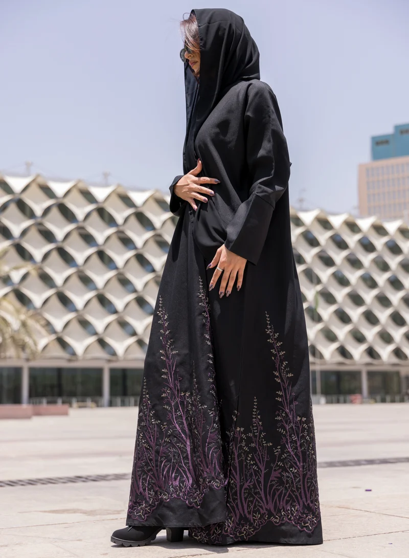FASHION LINE Arabian Design Abaya V-Open Neck, Bottom Work Full Embroidered with Black