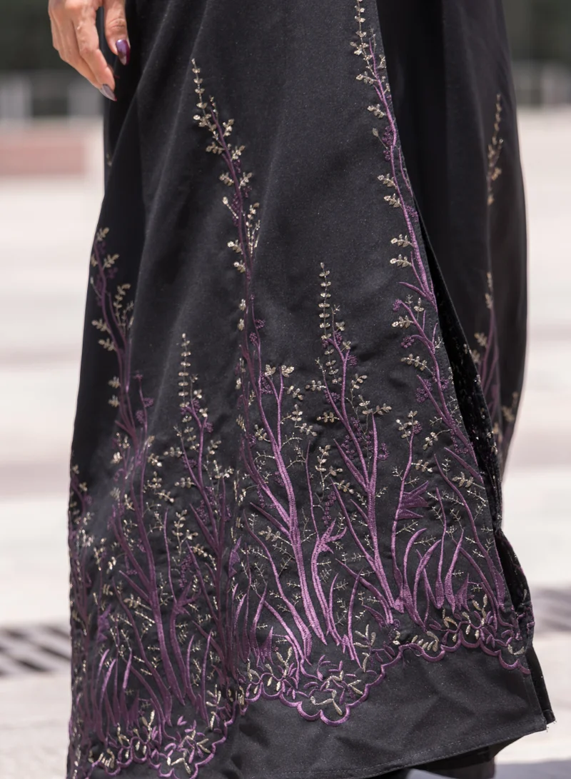 FASHION LINE Arabian Design Abaya V-Open Neck, Bottom Work Full Embroidered with Black