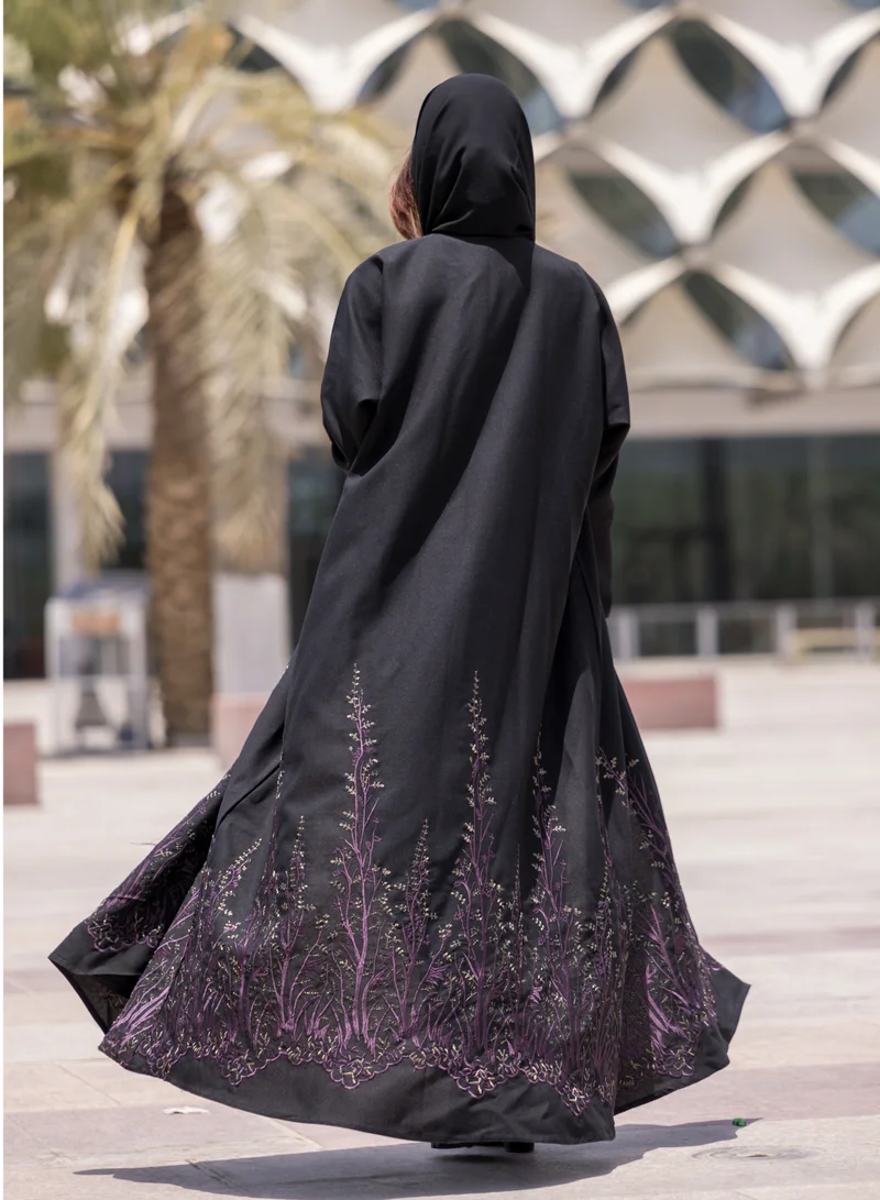 FASHION LINE Arabian Design Abaya V-Open Neck, Bottom Work Full Embroidered with Black