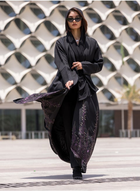 Arabian Design Abaya V-Open Neck, Bottom Work Full Embroidered with Black