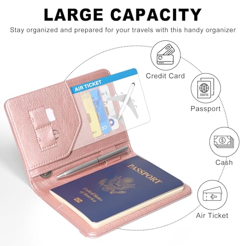 ACdream RFID BLOCKING Passport Holder Travel Wallet, Premium PU Leather Cover Passport Book with Card Holder, Pen Holder, Keep Organization, and Travel Essentials for Women and Men, Rose Gold - Image 4