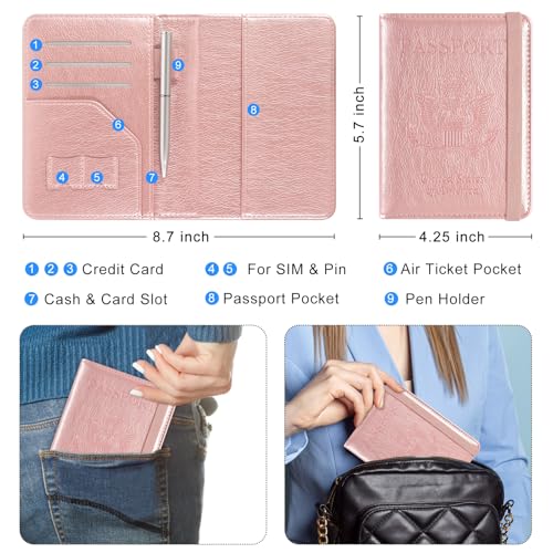 ACdream RFID BLOCKING Passport Holder Travel Wallet, Premium PU Leather Cover Passport Book with Card Holder, Pen Holder, Keep Organization, and Travel Essentials for Women and Men, Rose Gold - Image 3