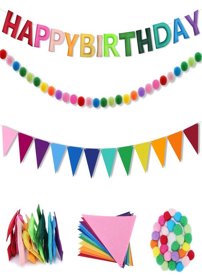 LEBENGURU 3PCS Pre-Strung Happy Birthday Banner, 3D Felt Happy Birthday Garland, Colorful Pompom Garland, Multicolor Pennant Flag, Reusable Rainbow Party Decorations for Indoor & Outdoor - Image 1