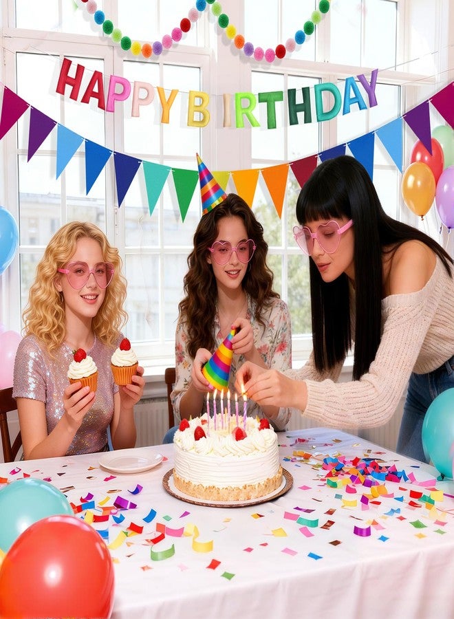 LEBENGURU 3PCS Pre-Strung Happy Birthday Banner, 3D Felt Happy Birthday Garland, Colorful Pompom Garland, Multicolor Pennant Flag, Reusable Rainbow Party Decorations for Indoor & Outdoor - Image 2
