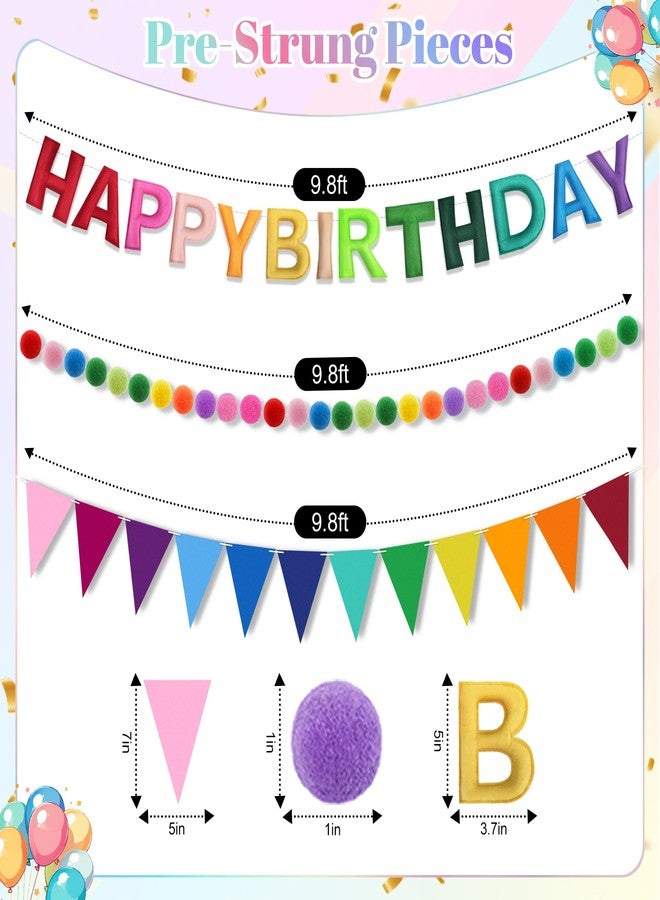 LEBENGURU 3PCS Pre-Strung Happy Birthday Banner, 3D Felt Happy Birthday Garland, Colorful Pompom Garland, Multicolor Pennant Flag, Reusable Rainbow Party Decorations for Indoor & Outdoor - Image 3