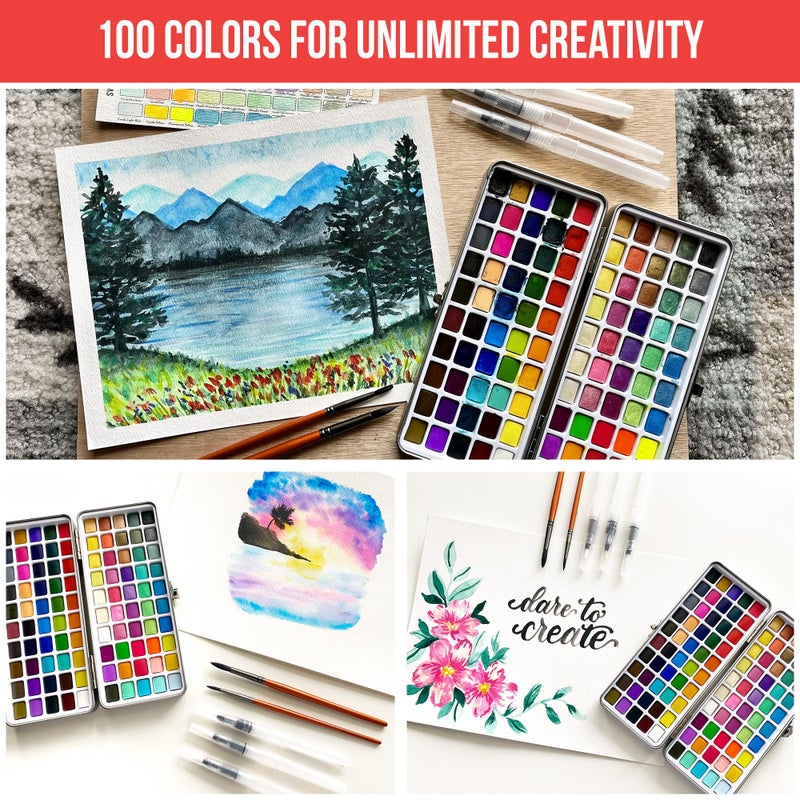 Art Vista Watercolor Paint Set with 100 Bright Colors: for Adult Beginners & Professional with Metallic - Travel Sized Water Color Art Kit Palette - Image 2