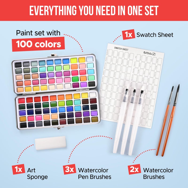 Art Vista Watercolor Paint Set with 100 Bright Colors: for Adult Beginners & Professional with Metallic - Travel Sized Water Color Art Kit Palette - Image 4