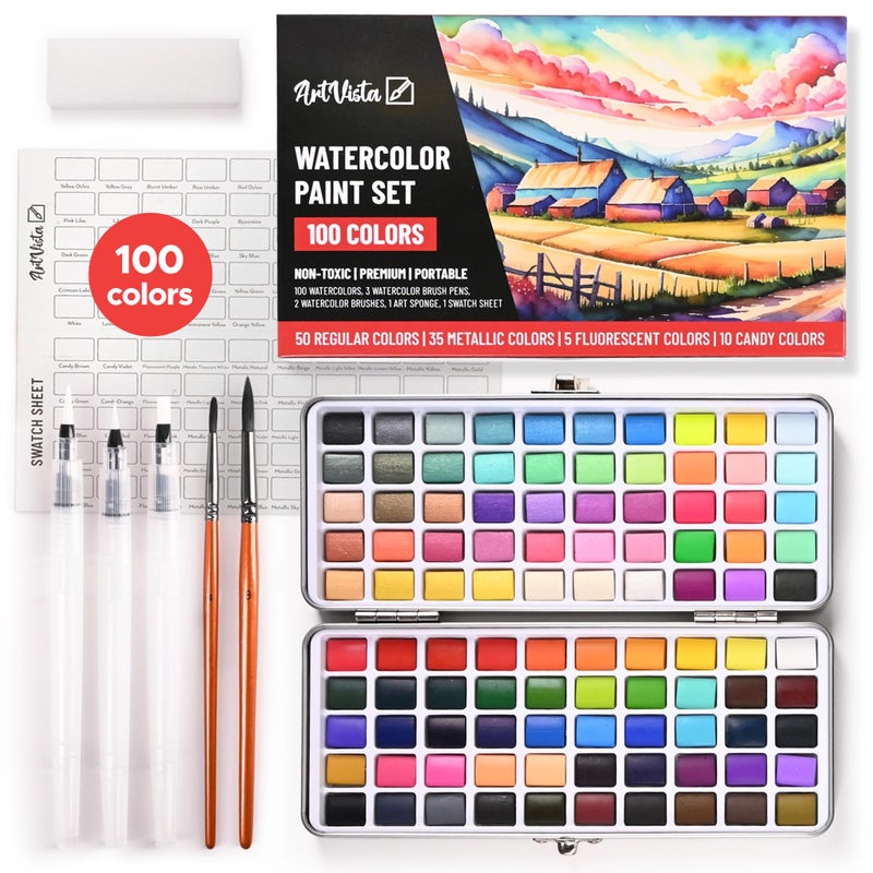 Art Vista Watercolor Paint Set with 100 Bright Colors: for Adult Beginners & Professional with Metallic - Travel Sized Water Color Art Kit Palette - Image 1