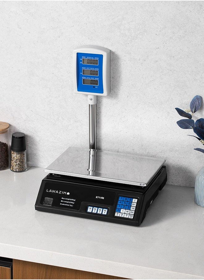 LAWAZIM - Digital Electronic Weighing T-Scale - 40kg/10g - Digital Price Computing Scale with Dual-Sided Display, Tare Function, Adjustable Feet, and Stainless Steel Platform - Ideal for Retail, Butcher Shops, Bakeries, and Kitchens - Image 1