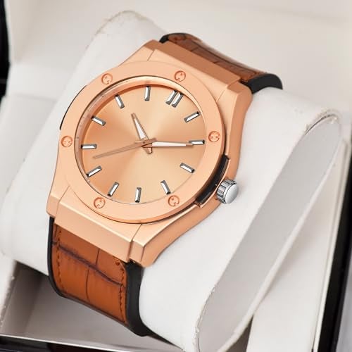 SWADESI STUFF Analog Quartz Wrist Watch for Men and Boys | Stylish Leather Strap | Classic Round Dial | Luxury Fashion Timepiece | Elegant Casual & Formal Wear Accessory (Rose Gold) - Image 5