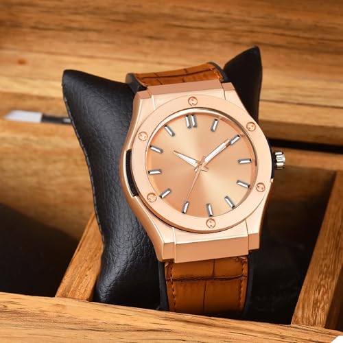 SWADESI STUFF Analog Quartz Wrist Watch for Men and Boys | Stylish Leather Strap | Classic Round Dial | Luxury Fashion Timepiece | Elegant Casual & Formal Wear Accessory (Rose Gold) - Image 3