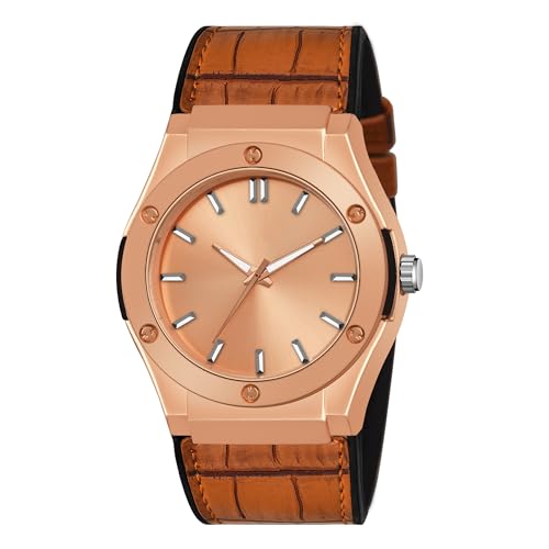 SWADESI STUFF Analog Quartz Wrist Watch for Men and Boys | Stylish Leather Strap | Classic Round Dial | Luxury Fashion Timepiece | Elegant Casual & Formal Wear Accessory (Rose Gold) - Image 1