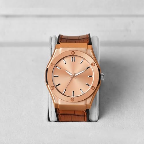 SWADESI STUFF Analog Quartz Wrist Watch for Men and Boys | Stylish Leather Strap | Classic Round Dial | Luxury Fashion Timepiece | Elegant Casual & Formal Wear Accessory (Rose Gold) - Image 2