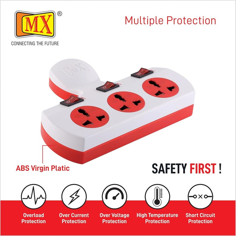 MX MX 3 Outlet Multi Plug Power Strip with Universal Sockets 5 Ampere Individual Switch Fuse Short Circuit Protection Cordless Extension Board Individual Switch  - Image 4