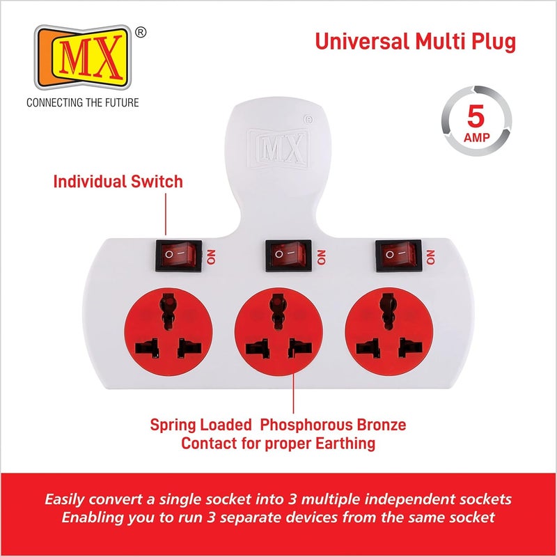 MX MX 3 Outlet Multi Plug Power Strip with Universal Sockets 5 Ampere Individual Switch Fuse Short Circuit Protection Cordless Extension Board Individual Switch  - Image 3
