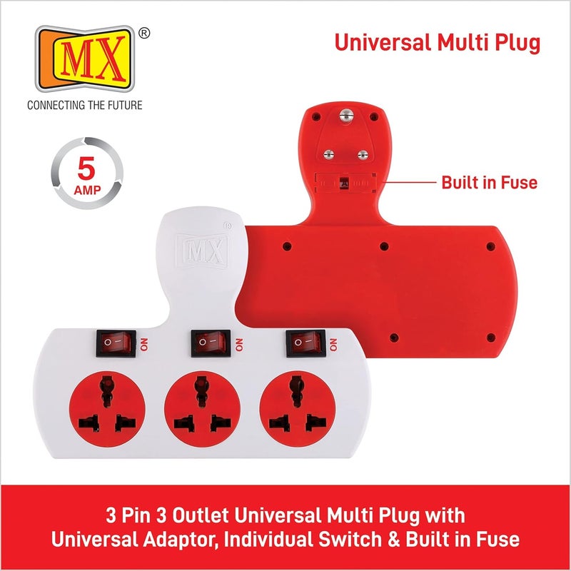 MX MX 3 Outlet Multi Plug Power Strip with Universal Sockets 5 Ampere Individual Switch Fuse Short Circuit Protection Cordless Extension Board Individual Switch  - Image 2