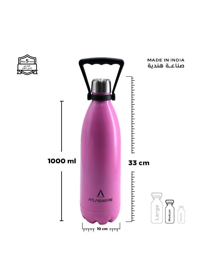 Atlasware Water Bottle with a Capacity of 1000 ml, Stainless Steel Water Bottle that keeps Cold for 82 Hours and Keeps Heat for 34 Hours, Fuchsia  - Image 2
