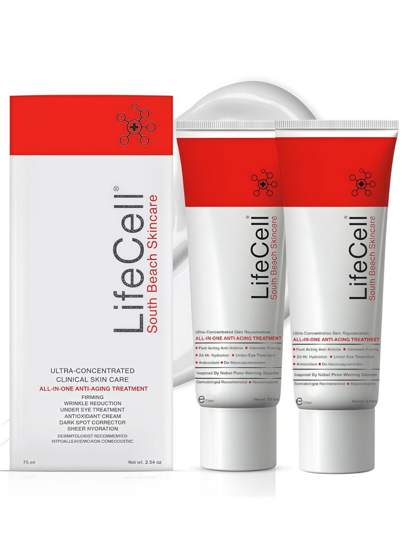 LifeCell Multi-Effect Anti-Aging Cream (2-pack, 75ml/2.54oz) effectively reduces wrinkles, fine lines, dark circles, and sun damage. It contains DMAE, retinol, hyaluronic acid, and three types of Vitamin C. - Image 1