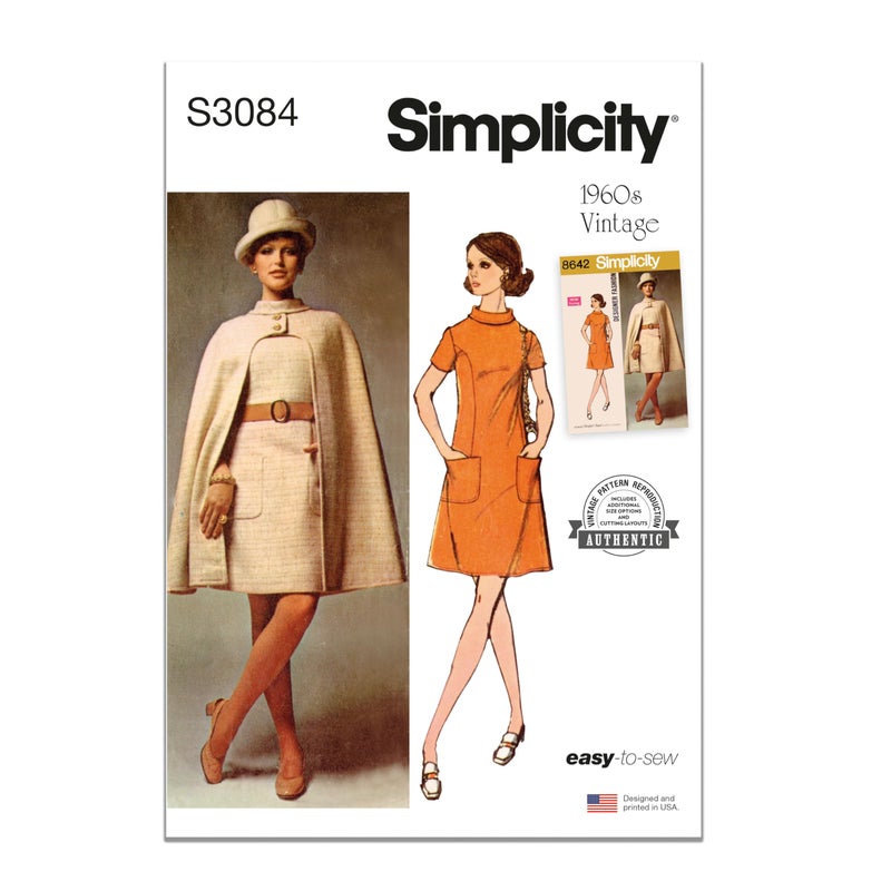 Simplicity SS3084R5 Misses' Lined Cape and Lined Dress Sewing Pattern Packet, Design Code S3084, Sizes 14-16-18-20-22 - Image 1