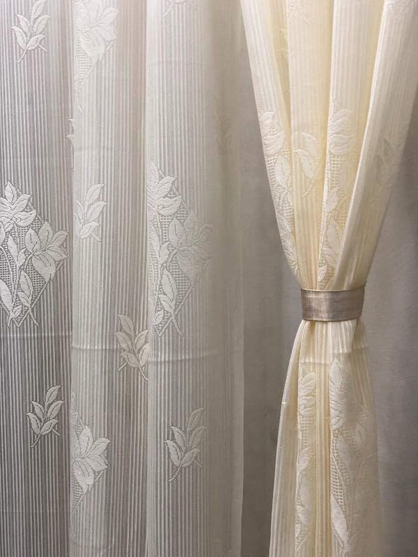 Neymo Polyester Heavy Net Tissue Floral Lining Stripe Design Heavy Net Tissue Cream Color 4 x 5 Feet Window Use Pack of 2 Pecs Curtains - Image 1