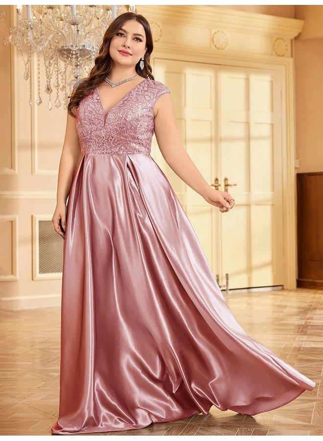 Madam Uniq Elegant Pink - purple Plus - size Gown, Lace Bodice & Satin Skirt, Formal Evening Dress - Image 1