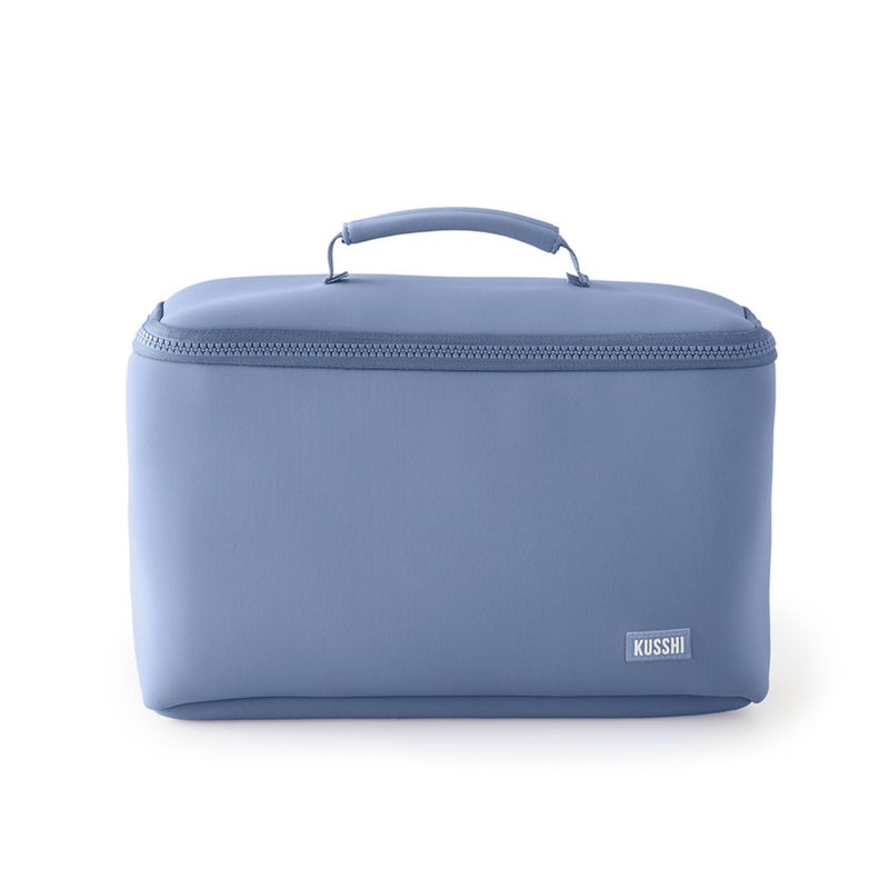 KUSSHI Neoprene Train Case Makeup Bag - Washable Makeup Travel Bag & Vanity Case for Stress Free Travel (Large, Pearl Blue/Sand Pink)