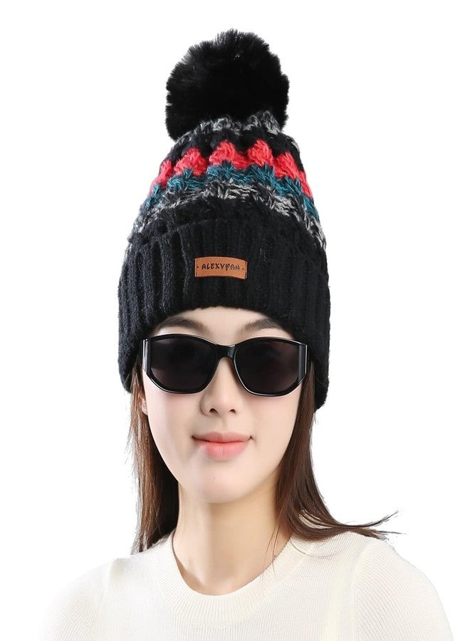 Alexvyan Black Twist Single Cap Winter Warm Snow Proof -20 Degree Knitted Ball Cap (Inside Fur) Woolen Beanie Cap for Ladies Women Girl - Image 1