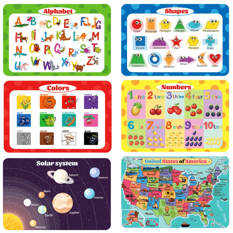 Sawysine Sawysine 6 Pcs Kids Toddler Placemats for Dining Table Space Activity Placemats Gift for Girl Washable Reusable Educational Plastic Learning Mats Preschool USA Map for Home Kindergarten
