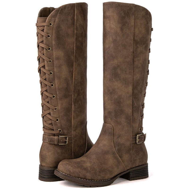 GLOBALWIN Womens Camel Knee High Motorcylce Boots Strappy Boots For Women 95M - Image 2
