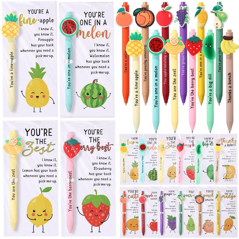 Dunzoom 24 Sets Positive Fruit Pens Bulk Coworkers Appreciation Gifts Funny Affirmative Pens with Inspirational Cards for Students from Teacher Gift for Staff Employee Birthday Office Social Worker - Image 1