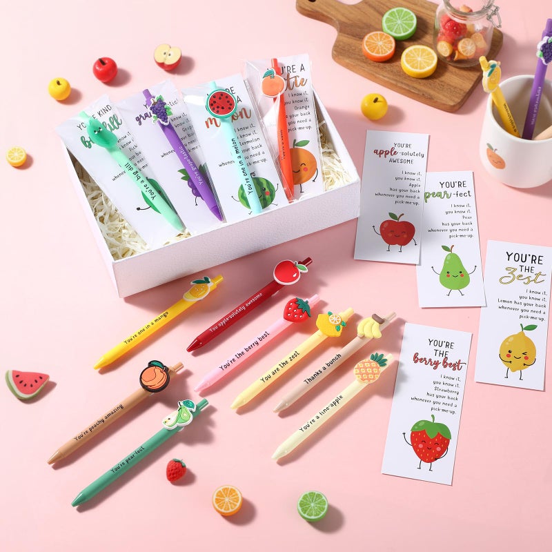 Dunzoom 24 Sets Positive Fruit Pens Bulk Coworkers Appreciation Gifts Funny Affirmative Pens with Inspirational Cards for Students from Teacher Gift for Staff Employee Birthday Office Social Worker - Image 5
