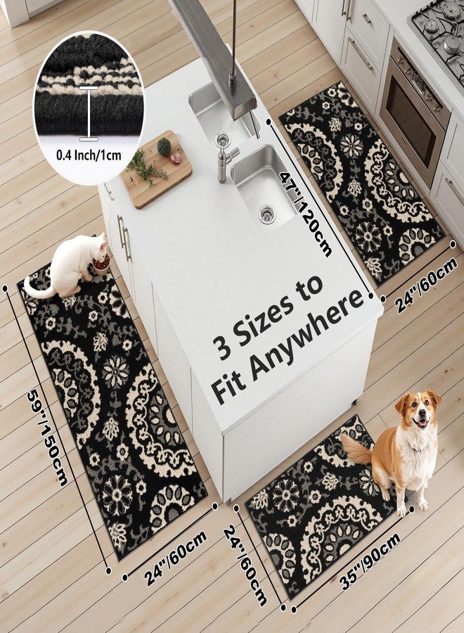 Yamaziot Washable Kitchen Rug Sets of 3, Non Slip Kitchen Mats for Floor, High-Low Textured Kitchen Runner Rugs Absorbent Stain Resistant Floor Carpet for Hallway, Laundry, Sink (Black&Beige) - Image 2