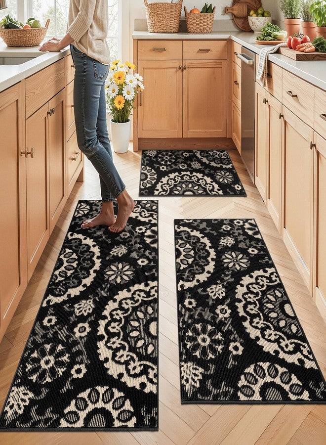 Yamaziot Washable Kitchen Rug Sets of 3, Non Slip Kitchen Mats for Floor, High-Low Textured Kitchen Runner Rugs Absorbent Stain Resistant Floor Carpet for Hallway, Laundry, Sink (Black&Beige) - Image 1