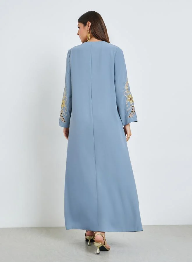 Amirah  Blue Embroidered V Neck Jalabiya for Women | Best Price UAE