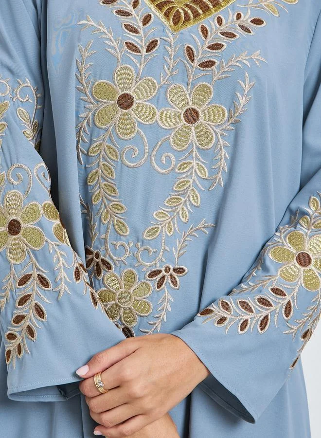 Amirah  Blue Embroidered V Neck Jalabiya for Women | Best Price UAE